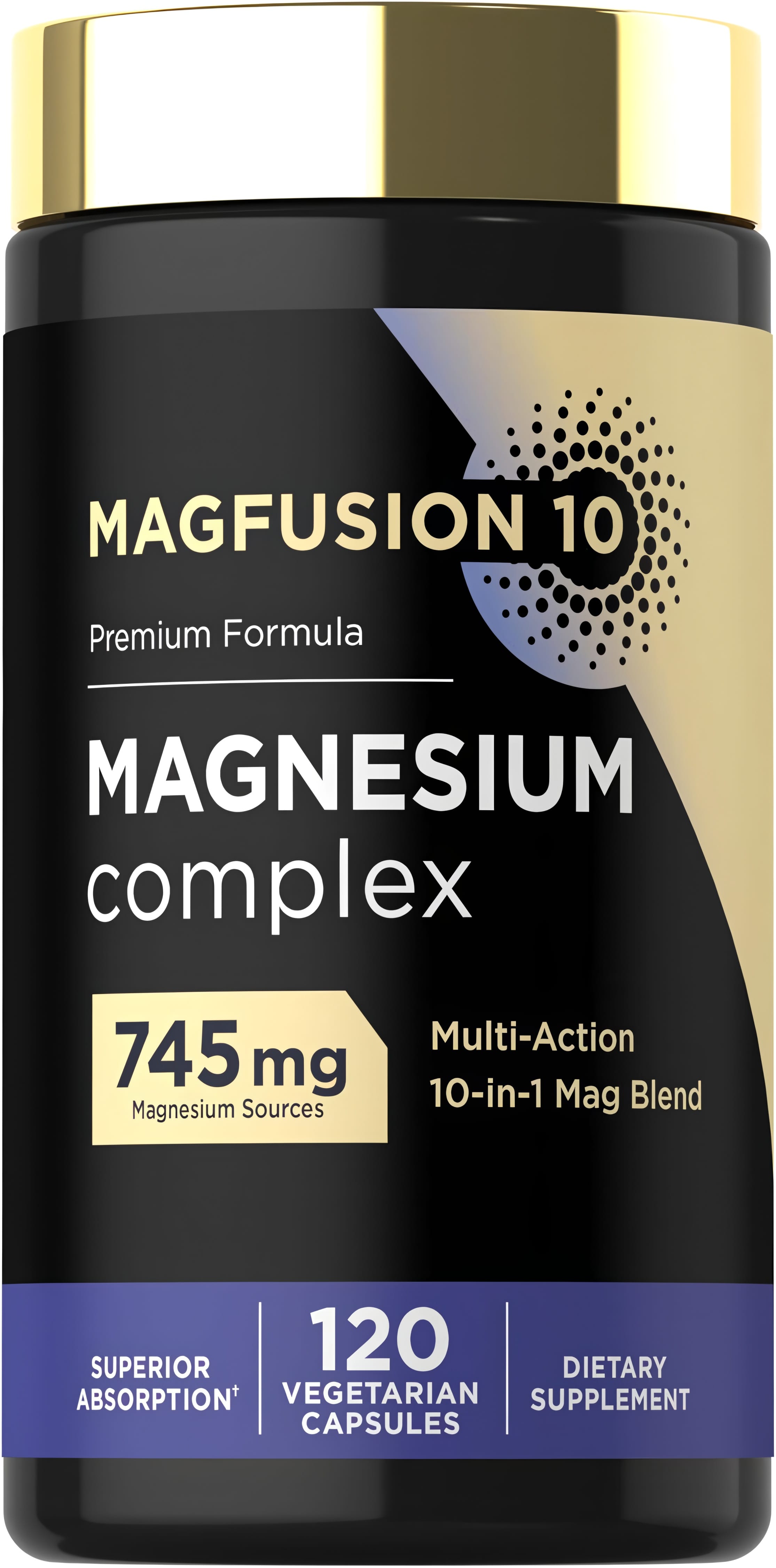 MAGFUSION 10 Magnesium Complex, Premium Formula, 745 mg, offers a 10-in-1 Mag Blend with 120 Vegetarian Capsules.