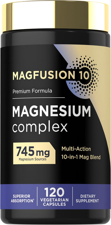 View 1 MAGFUSION 10 Magnesium Complex, Premium Formula, 745 mg, offers a 10-in-1 Mag Blend with 120 Vegetarian Capsules.