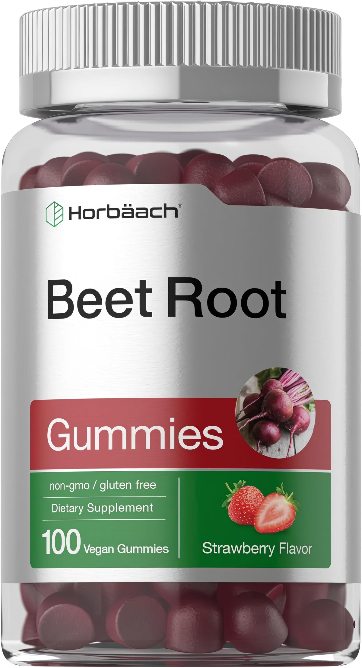 Beet Root 100 Vegan Gummies, strawberry flavor, non-GMO, gluten-free, as a dietary supplement in bottle.