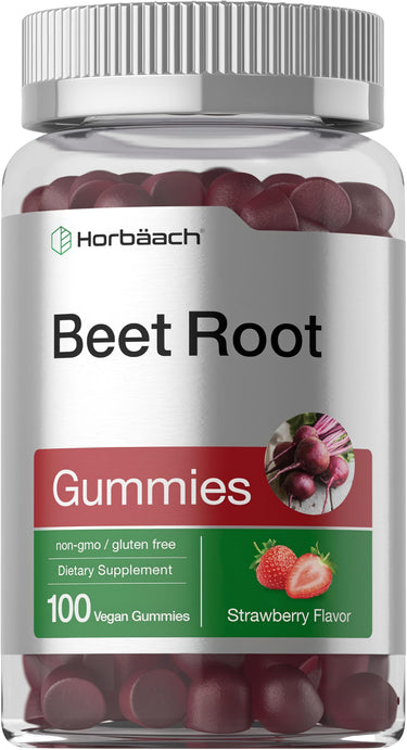 View 1 Beet Root 100 Vegan Gummies, strawberry flavor, non-GMO, gluten-free, as a dietary supplement in bottle.