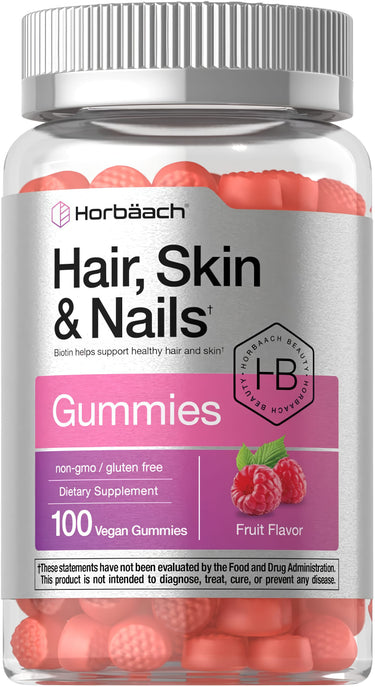 View 1 Horbaach Hair, Skin & Nails Gummies with Biotin, 100 Vegan Gummies, fruit flavor. Non-GMO, gluten-free dietary supplement.