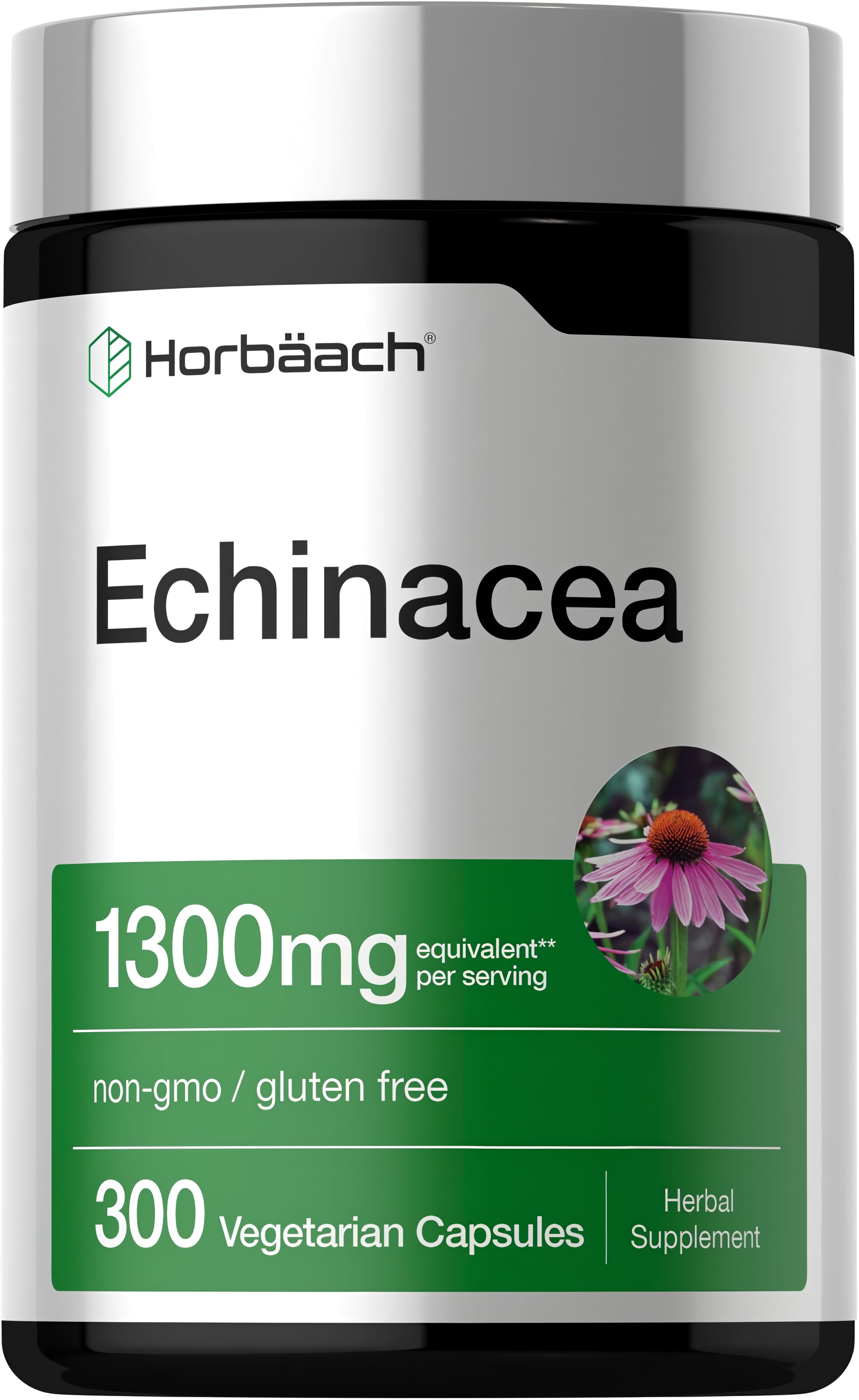 Echinacea 1300mg, 300 Vegetarian Capsules, non-GMO, gluten-free Herbal Supplement.