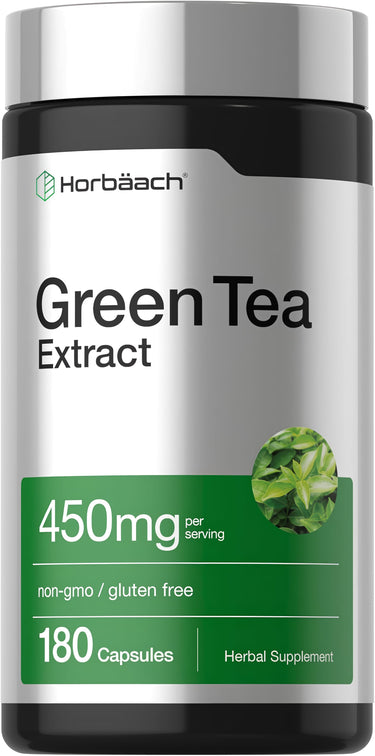 View 1 Green Tea Extract, 450mg per serving, non-GMO, gluten-free, 180 capsules, herbal supplement.