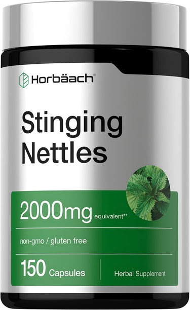 View 1 Horbäach Stinging Nettles supplement with 2000mg equivalent per serving in a bottle of 150 capsules.
