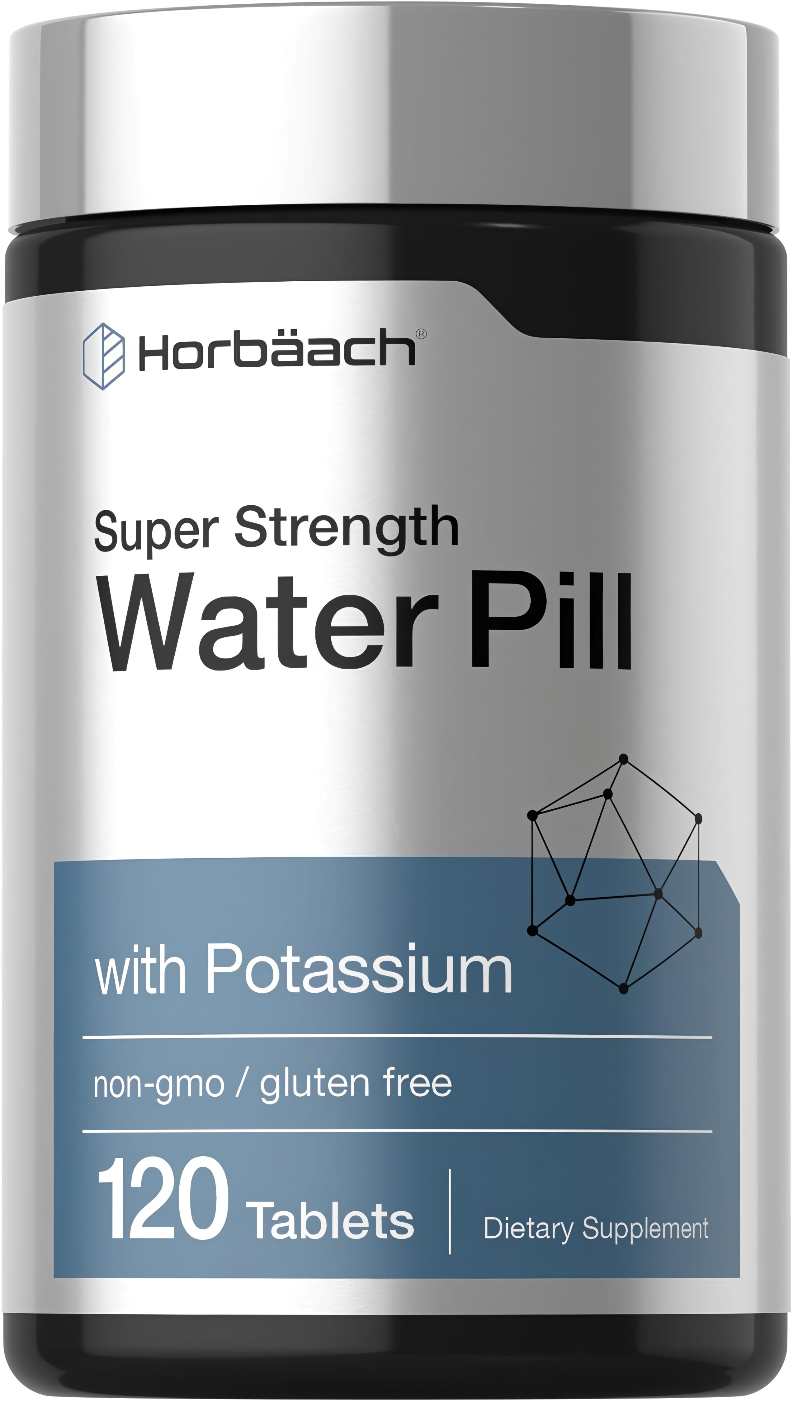 Horbaach Super Strength Water Pill with Potassium, non-GMO and gluten-free, 120 tablets bottle.