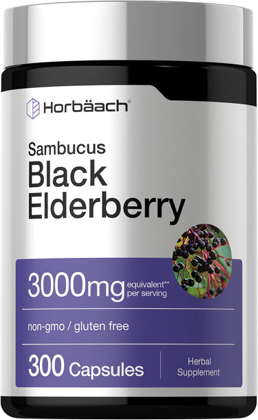 View 1 Horbäach Sambucus Black Elderberry 3000mg per serving, non-gmo, gluten free, 300 Capsules Herbal Supplement in a bottle.