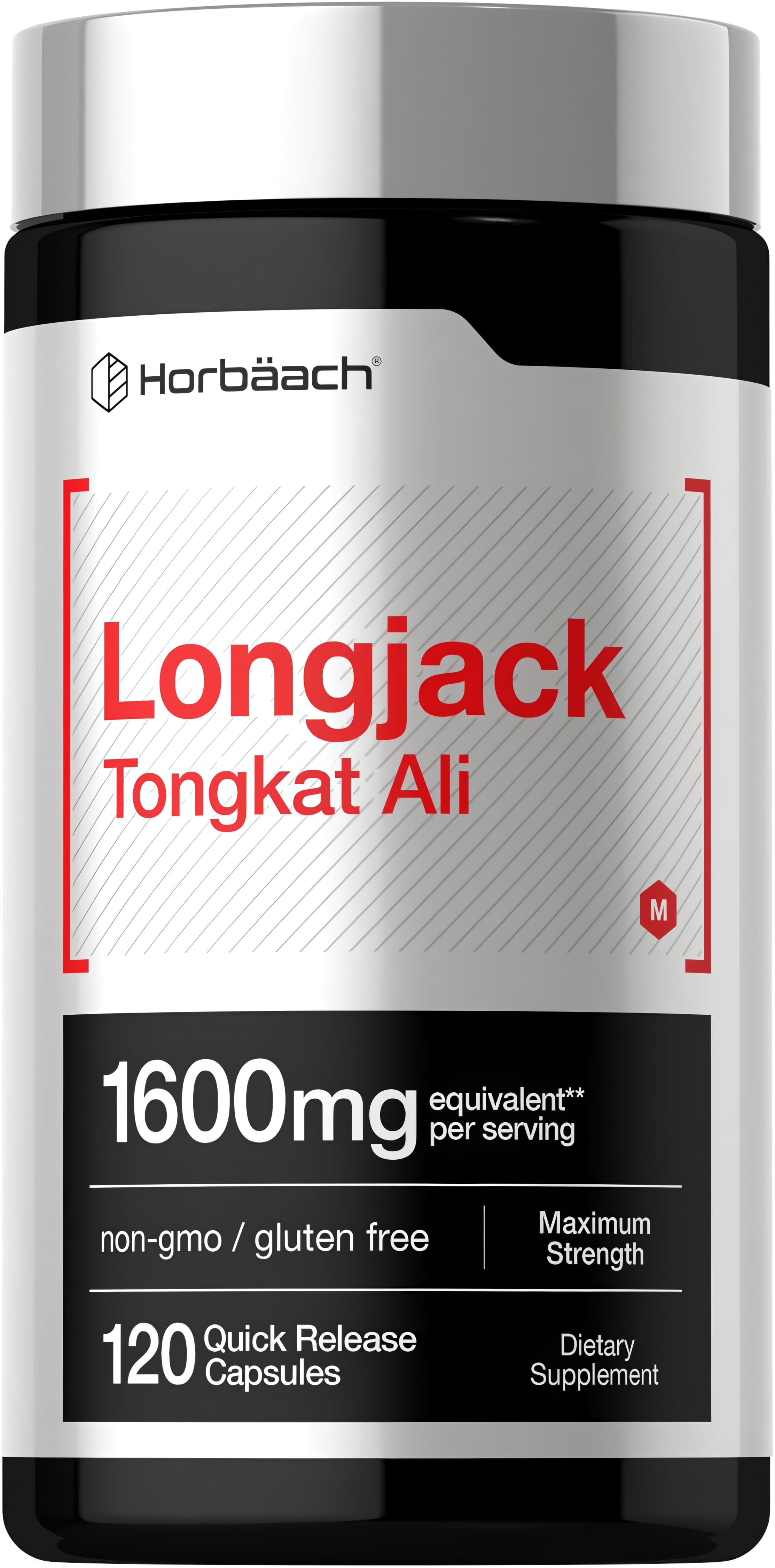 Longjack Tongkat Ali 1600mg per serving, 120 quick-release capsules, non-GMO, gluten-free.