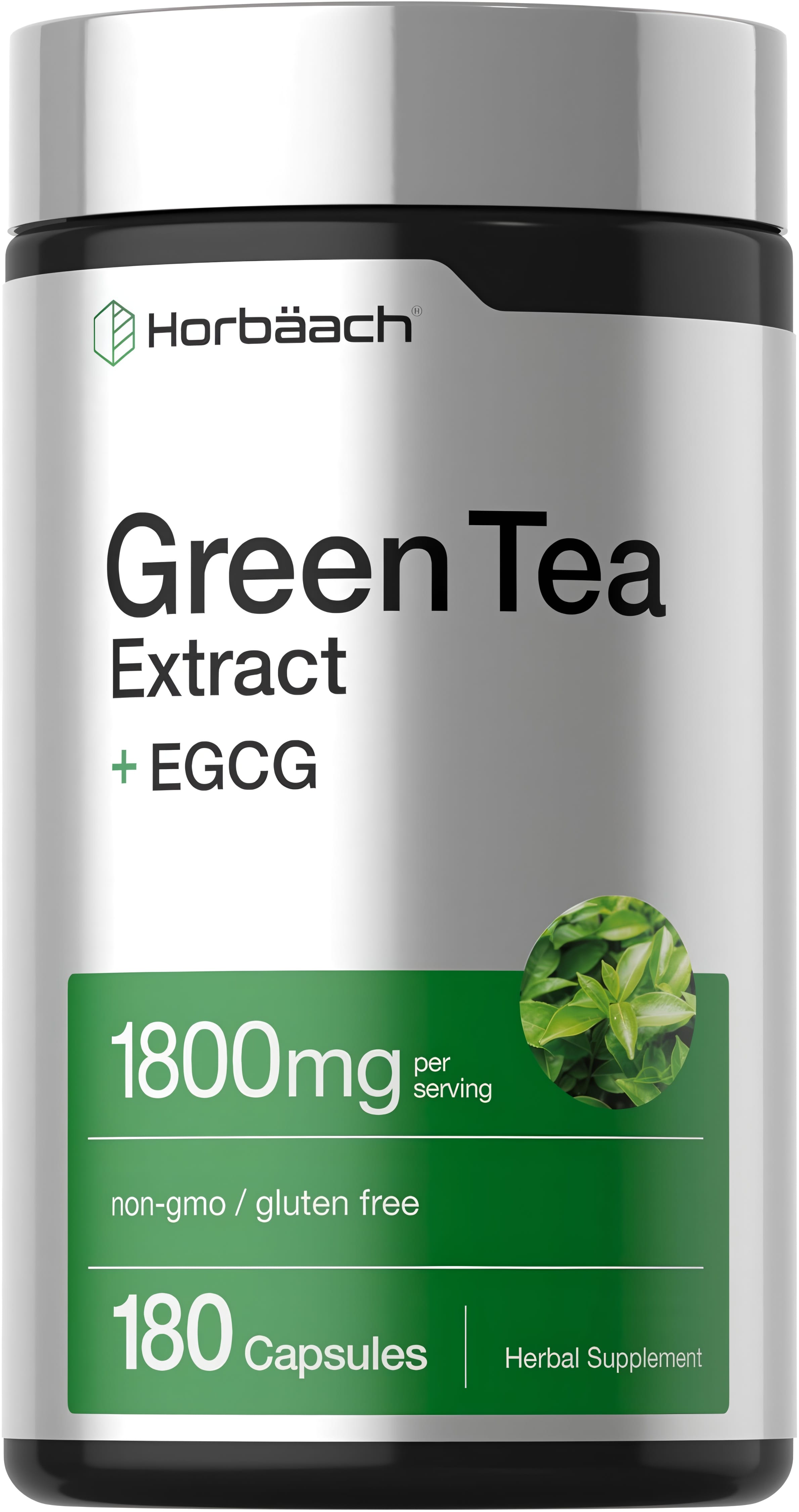 Horbäach Green Tea Extract + EGCG 1800mg, 180 capsules, non-GMO, gluten-free herbal supplement in a bottle.