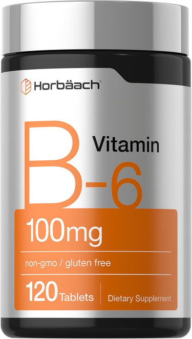 View 1 Horbäach Vitamin B-6 dietary supplement, 100mg, 120 tablets, non-GMO, and gluten-free.
