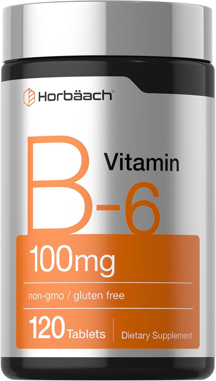 Horbäach Vitamin B-6 dietary supplement, 100mg, 120 tablets, non-GMO, and gluten-free.