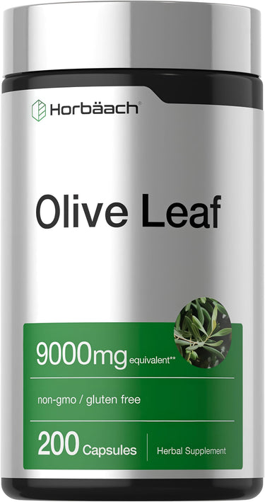 View 1 Olive Leaf 9000mg equivalent - 200 capsules, non-GMO and gluten-free herbal supplement.
