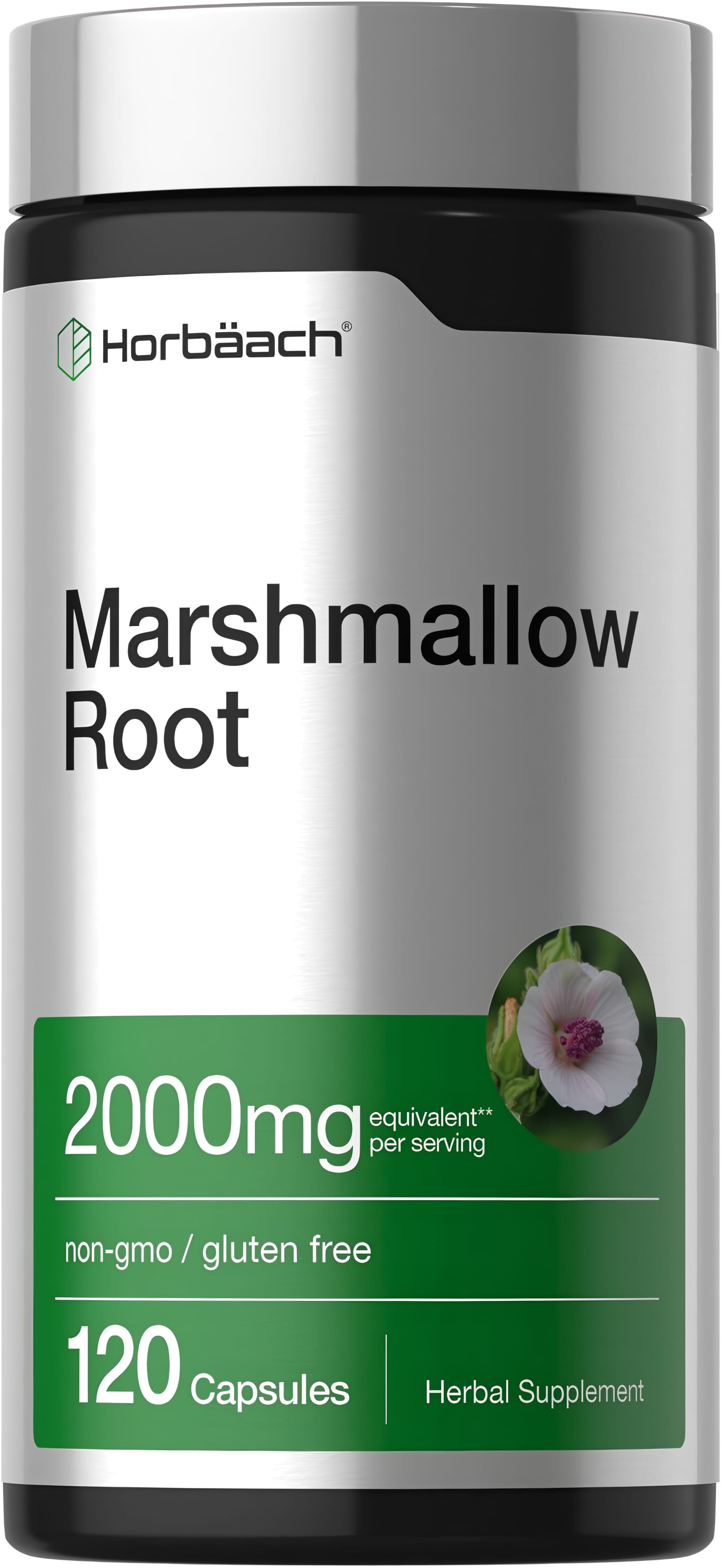 Marshmallow Root 2000mg equivalent per serving, 120 capsules, non-GMO, and gluten-free dietary supplement.