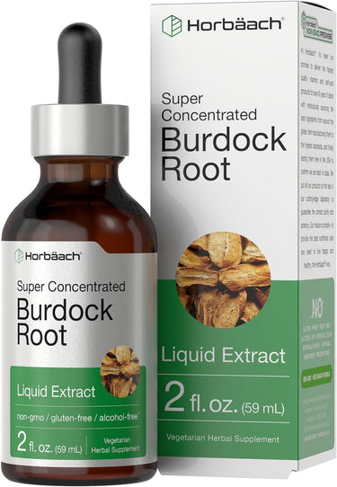 Horbaach Super Concentrated Burdock Root Liquid Extract bottle and packaging on a white background