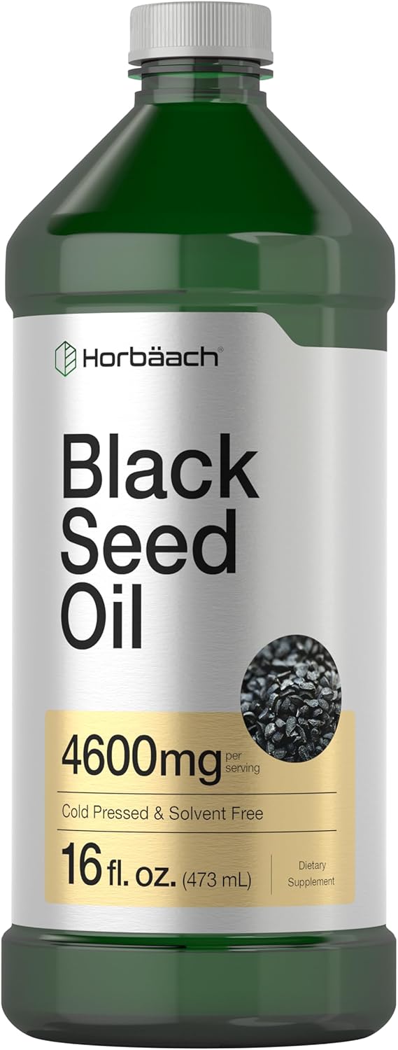Horbäach Black Seed Oil, 4600mg per serving, Cold Pressed & Solvent Free, 16 fl. oz. (473 mL) bottle.