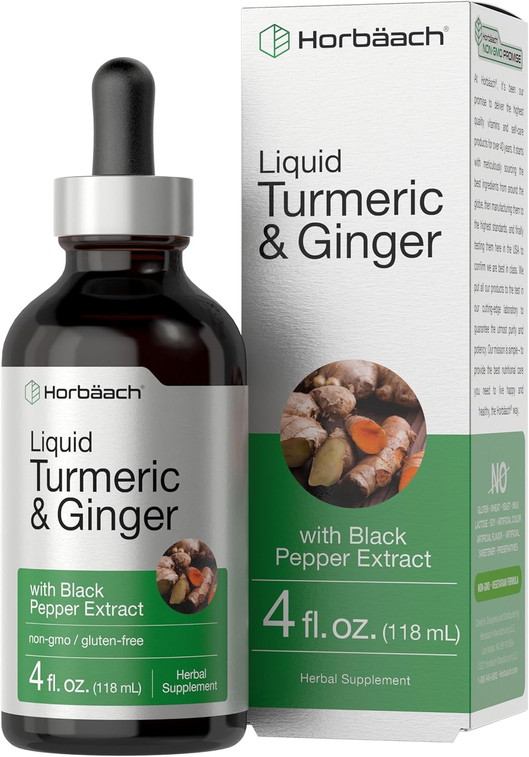 Horbaach Liquid Turmeric & Ginger with Black Pepper Extract 4 fl. oz. (118 mL) herbal supplement dropper bottle and box.
