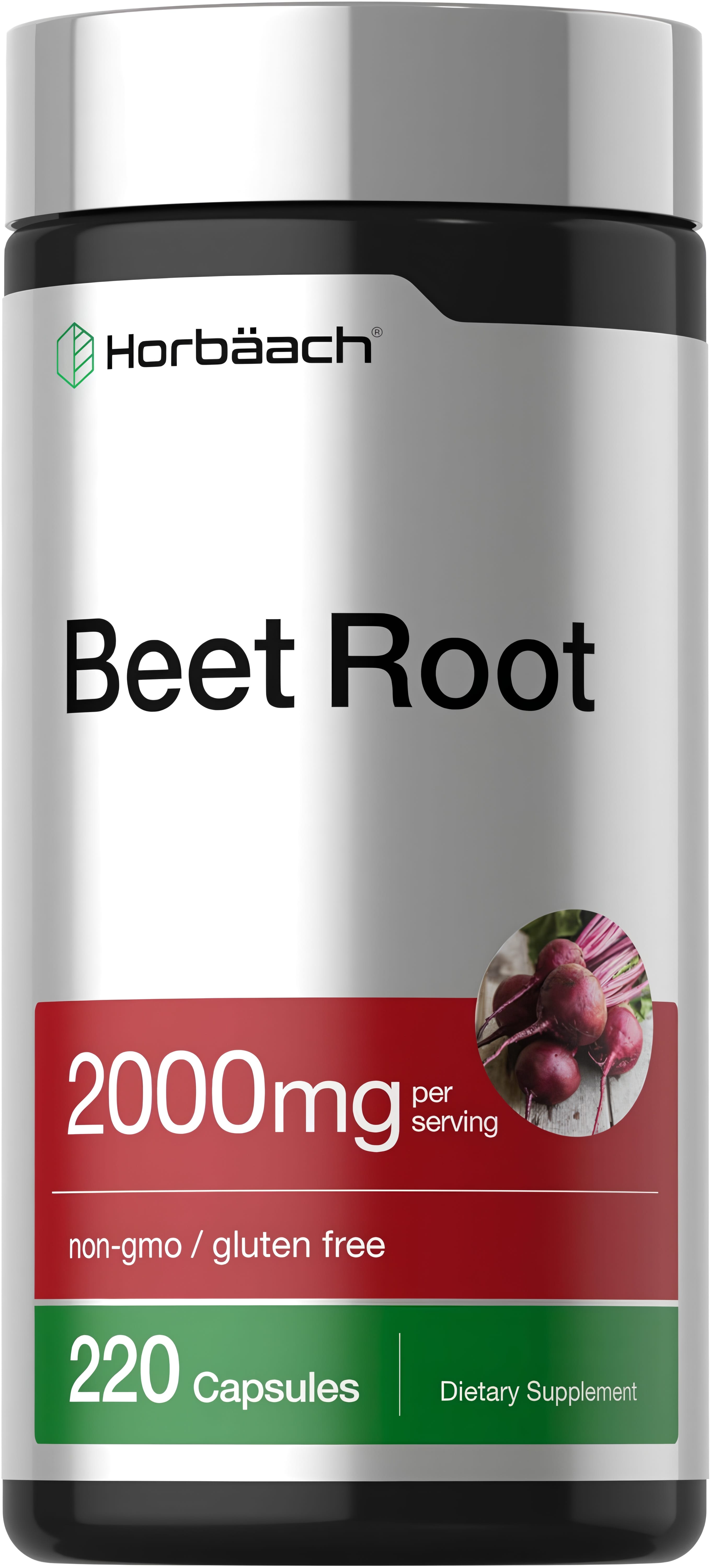 Beet Root supplement: 2000mg per serving, 220 capsules, non-GMO and gluten-free.