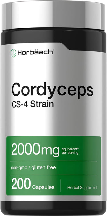 View 1 Horbäach Cordyceps CS-4 Strain, 2000mg per serving, 200 capsules, non-gmo, gluten-free, herbal supplement.