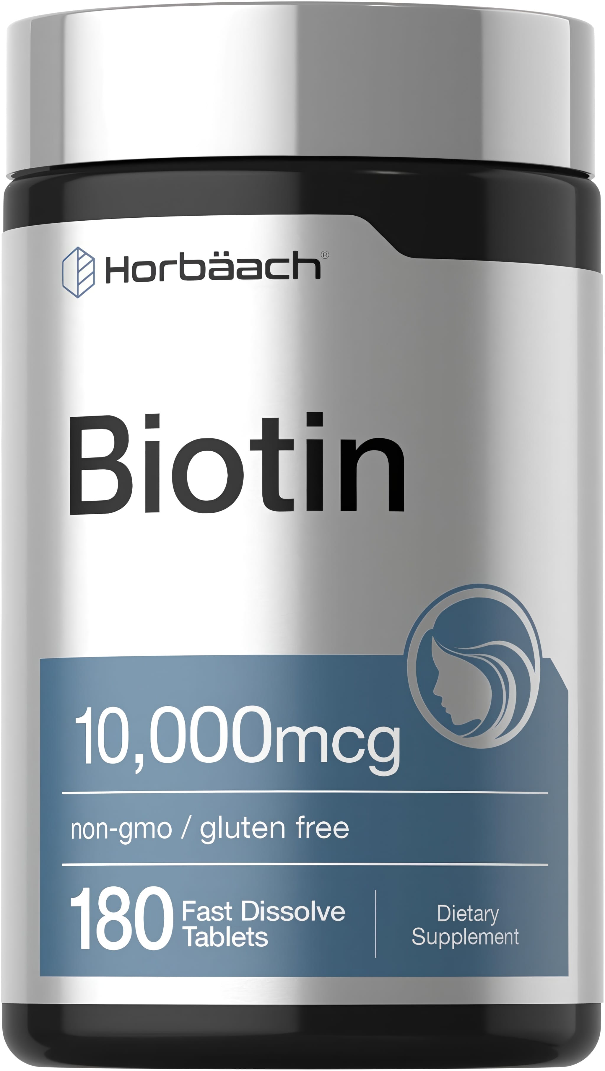 Horbäach Biotin 10,000 mcg, 180 Fast Dissolve Tablets; non-GMO, gluten-free, dietary supplement.