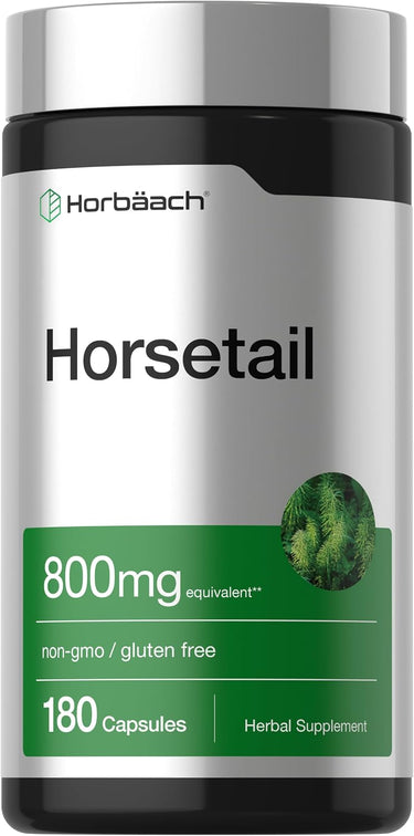 View 1 Horbäach Horsetail 800 mg equivalent herbal supplement, non-GMO, gluten-free, 180 capsules.