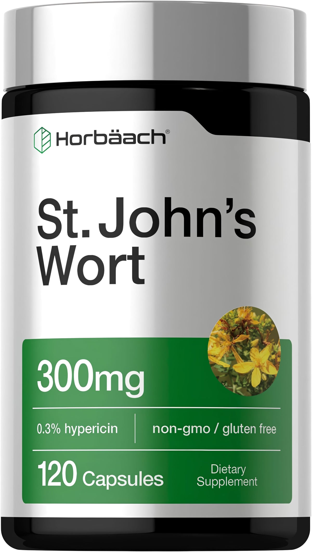 St. John's Wort supplement: 300mg, 0.3% hypericin, 120 capsules, non-GMO, gluten-free dietary product.