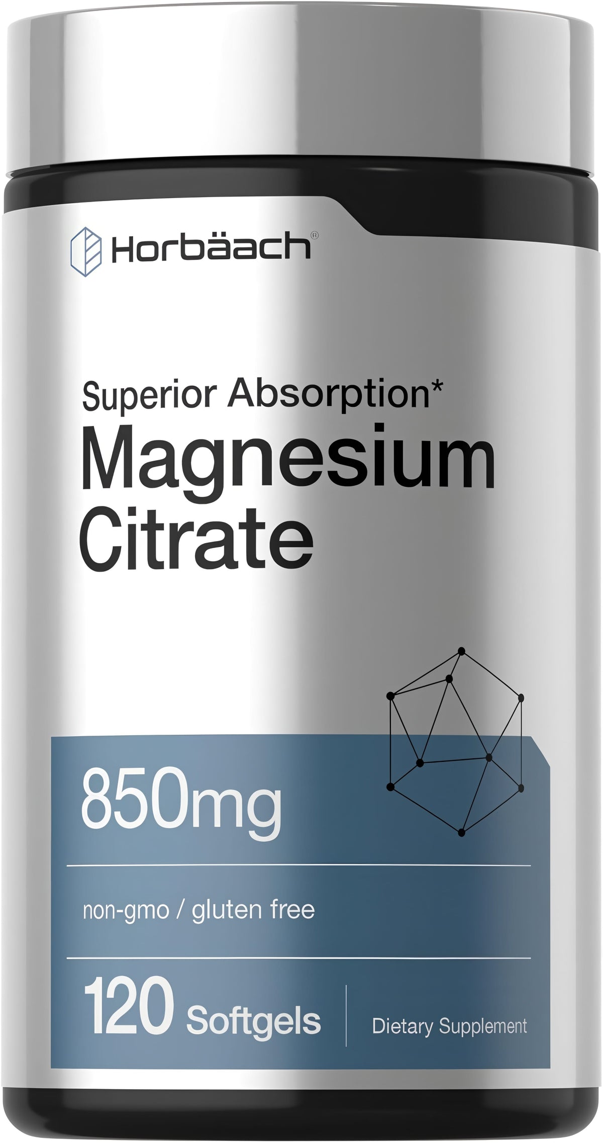 Magnesium Citrate 850mg softgels with superior absorption, non-GMO, gluten-free, dietary supplement, 120 count.