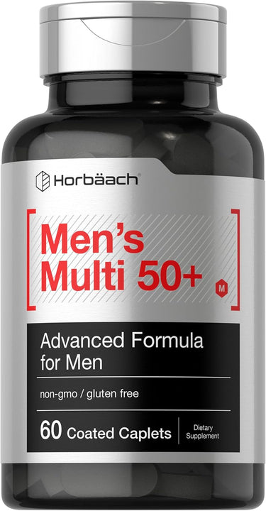 Bottle of Horbaach Men's Multi 50+ supplement on a white background