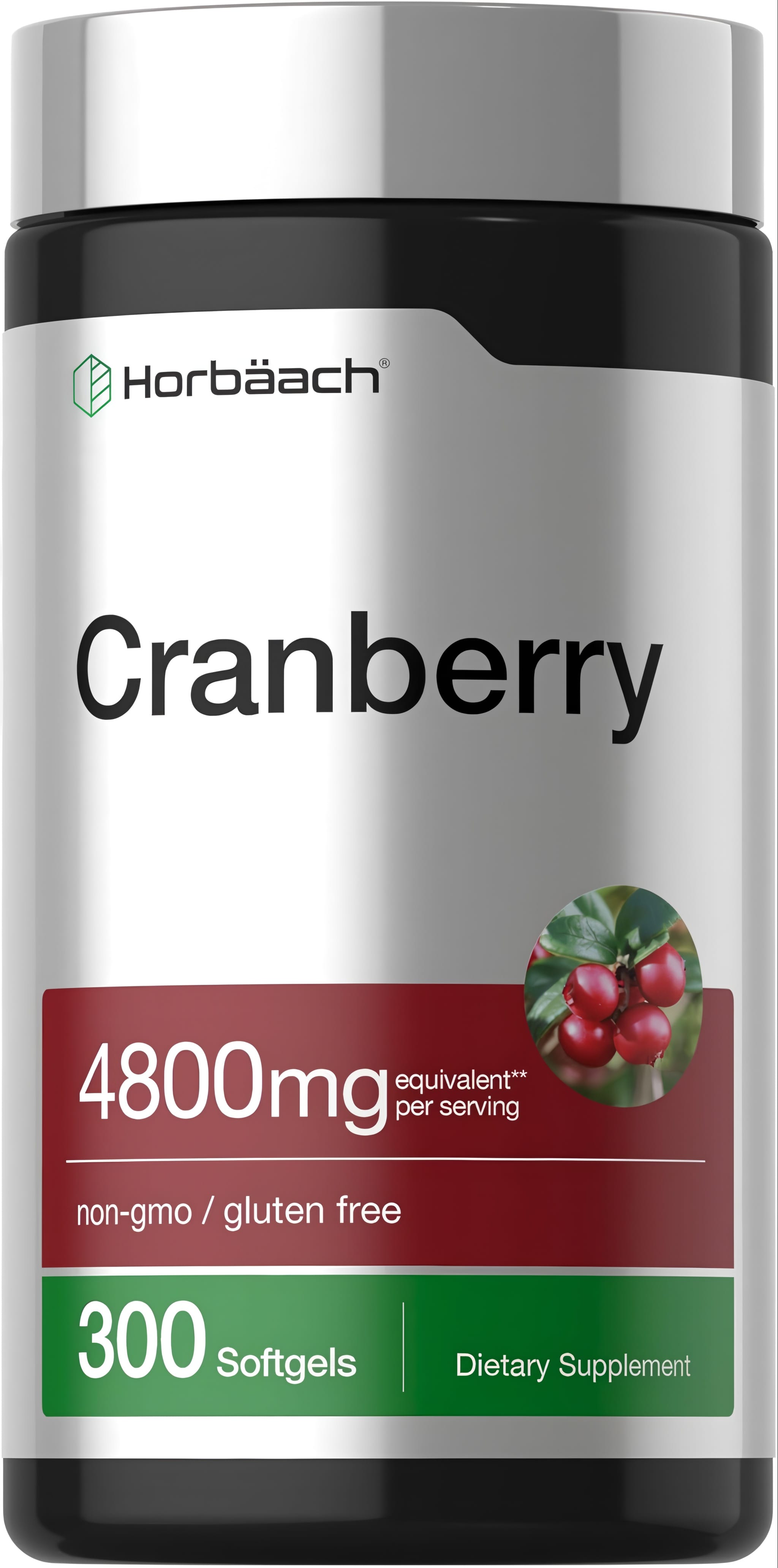 Horbäach Cranberry 4800mg equivalent per serving, 300 softgels, non-GMO and gluten-free.