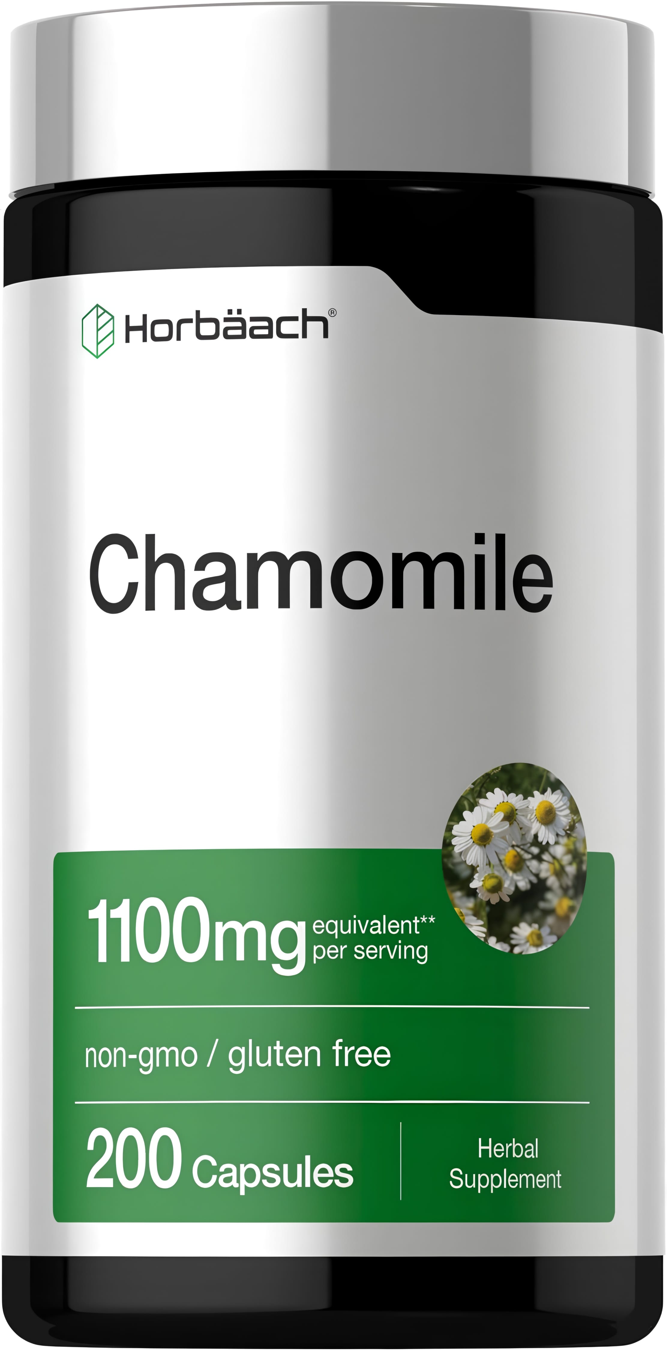 Horbäach Chamomile 1100 mg per serving, 200 capsules; non-GMO and gluten-free herbal supplement.