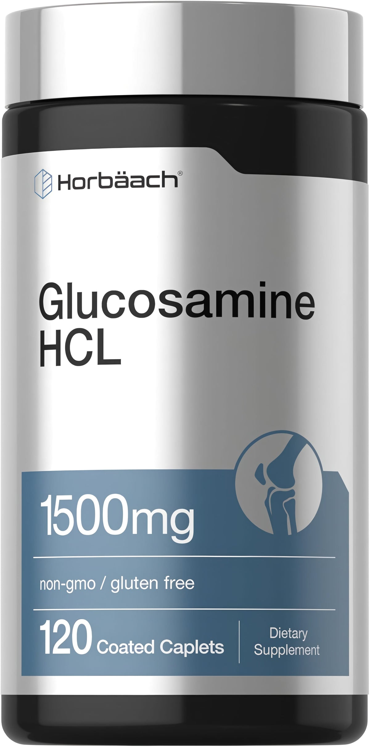 Horbäach Glucosamine HCL 1500mg, 120 coated caplets. Non-GMO, gluten-free dietary supplement.
