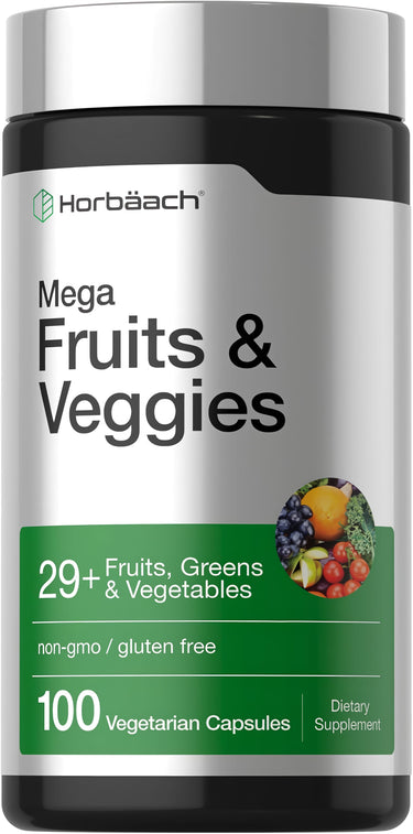View 1 Mega Fruits & Veggies: 29+ fruits, greens, and vegetables. Non-GMO, gluten-free, 100 vegetarian capsules.