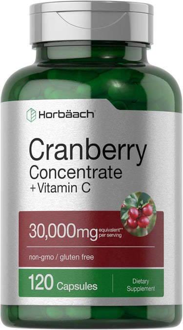 Bottle of Horbaach Cranberry Concentrate + Vitamin C supplement with green and silver design.