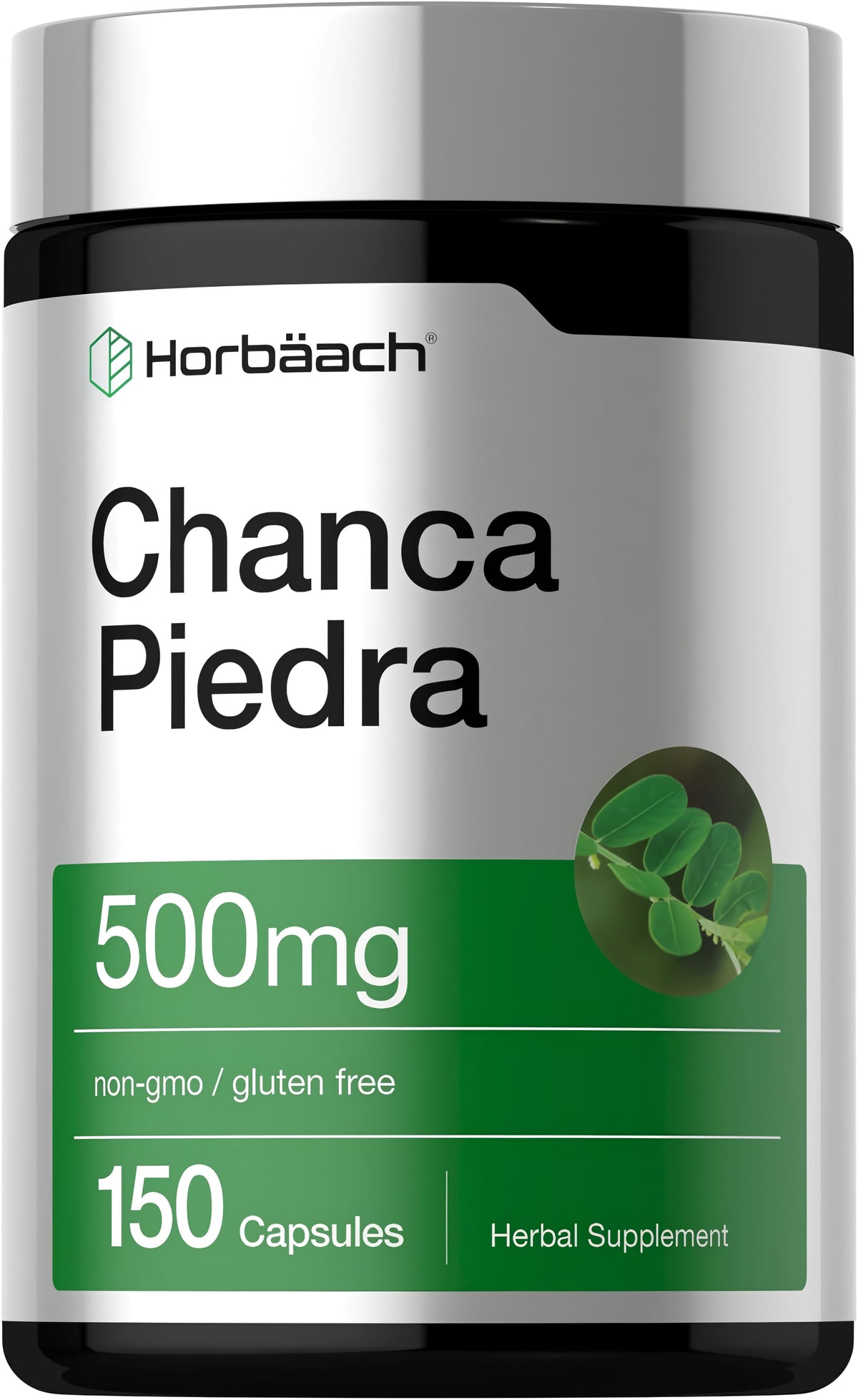 Horbäach Chanca Piedra 500mg, 150 capsules, non-GMO and gluten-free herbal supplement.