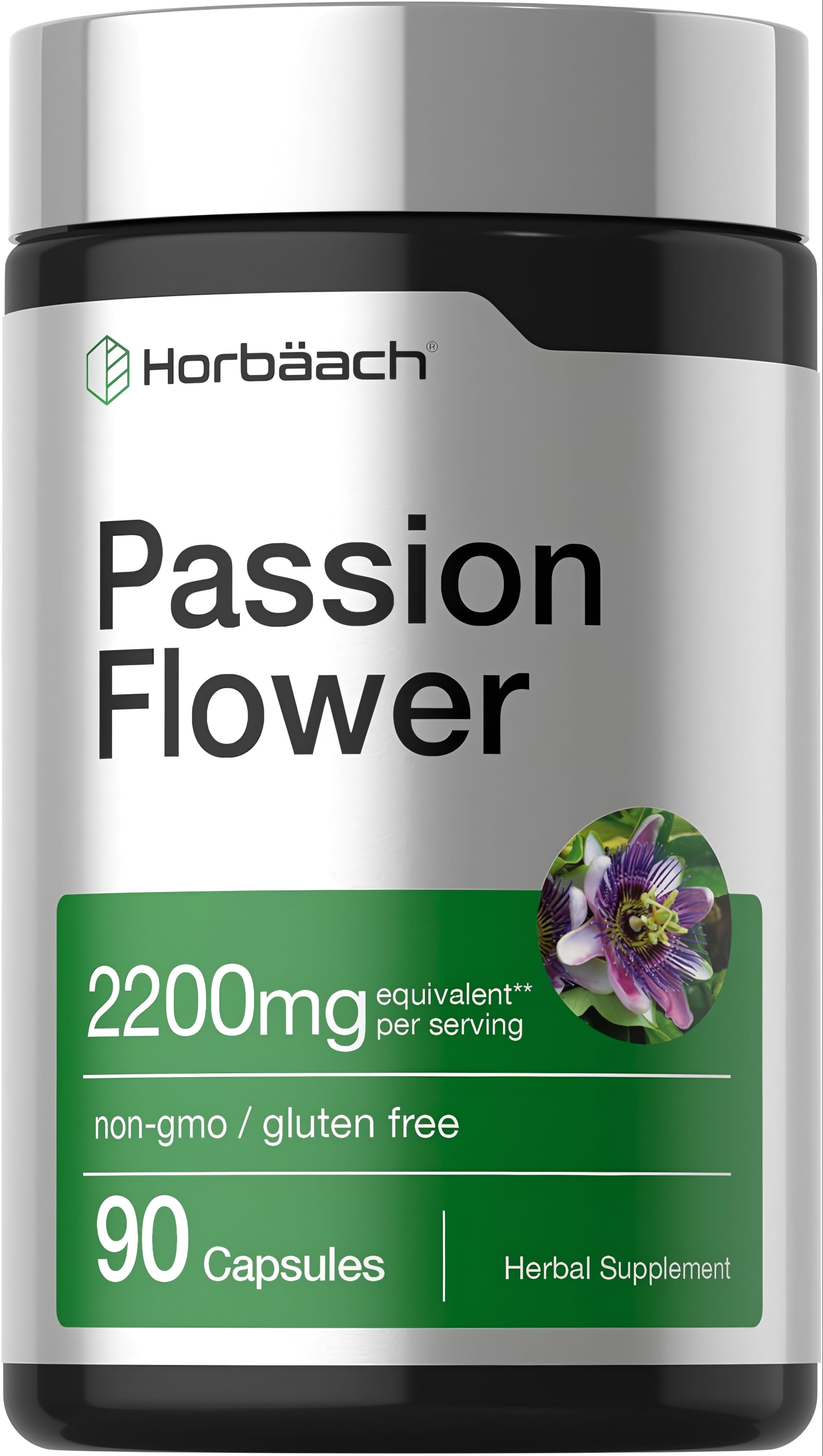 Horbäach Passion Flower 2200mg per serving, 90 Capsules. Non-GMO, gluten-free herbal supplement.