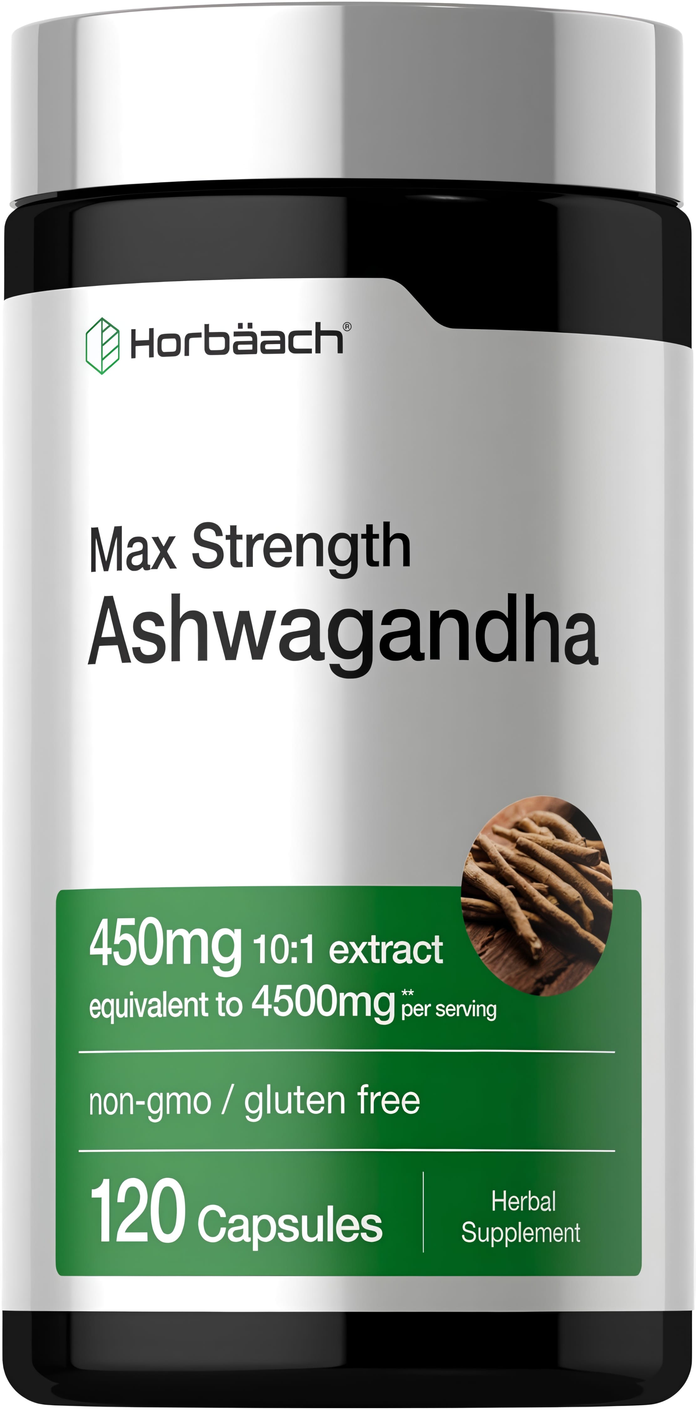 Horbäach Max Strength Ashwagandha 450mg 10:1 extract (4500mg equivalent) with 120 capsules bottle.