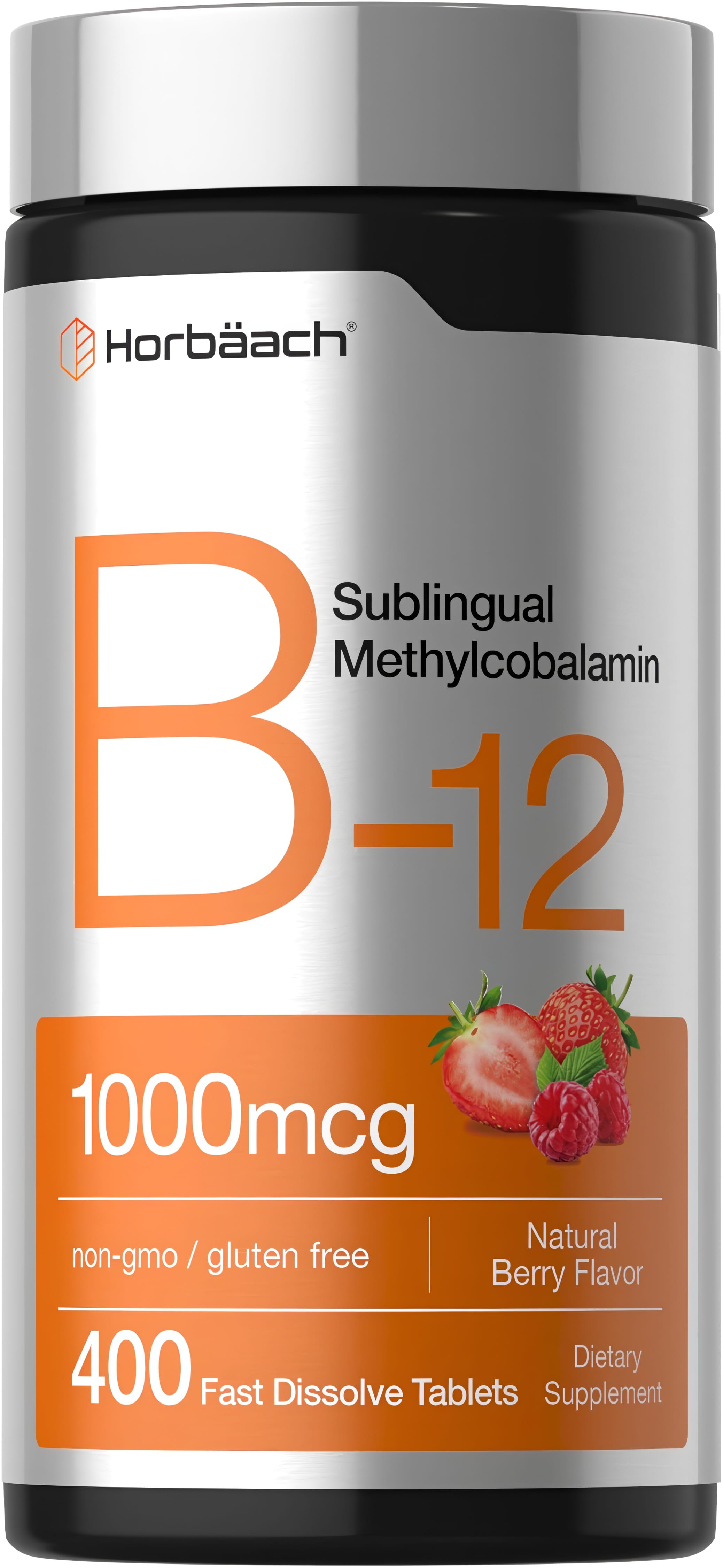 Horbäach B-12 Sublingual Methylcobalamin 1000mcg, Natural Berry Flavor, with 400 Fast Dissolve Tablets.