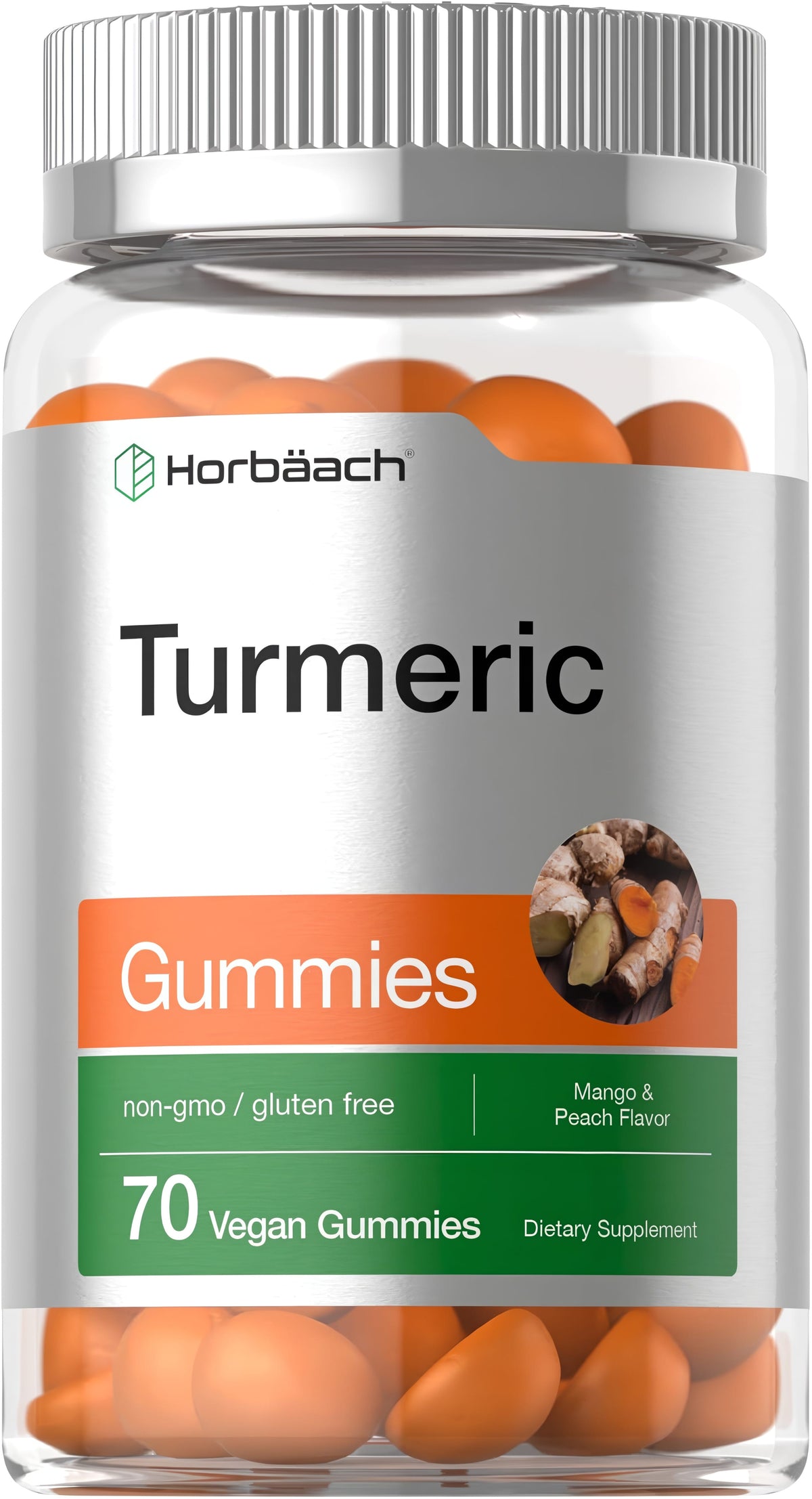 Bottle of Turmeric Gummies, 70 vegan gummies, mango and peach flavor, non-GMO and gluten-free dietary supplement.