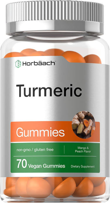 View 1 Bottle of Turmeric Gummies, 70 vegan gummies, mango and peach flavor, non-GMO and gluten-free dietary supplement.