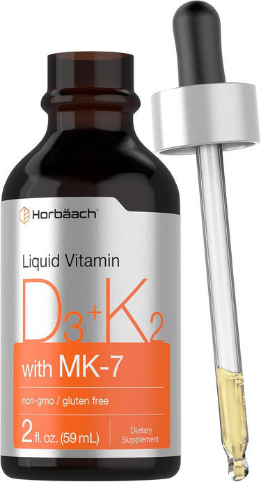 Bottle of Liquid Vitamin D3+K2 with MK-7 by Horbaach featuring a dropper.