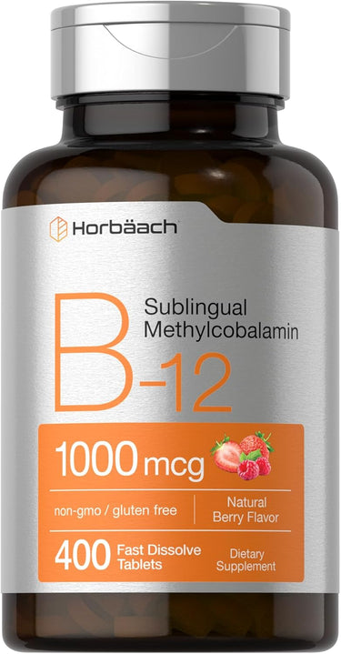 B-12 supplement bottle with label on a white background
