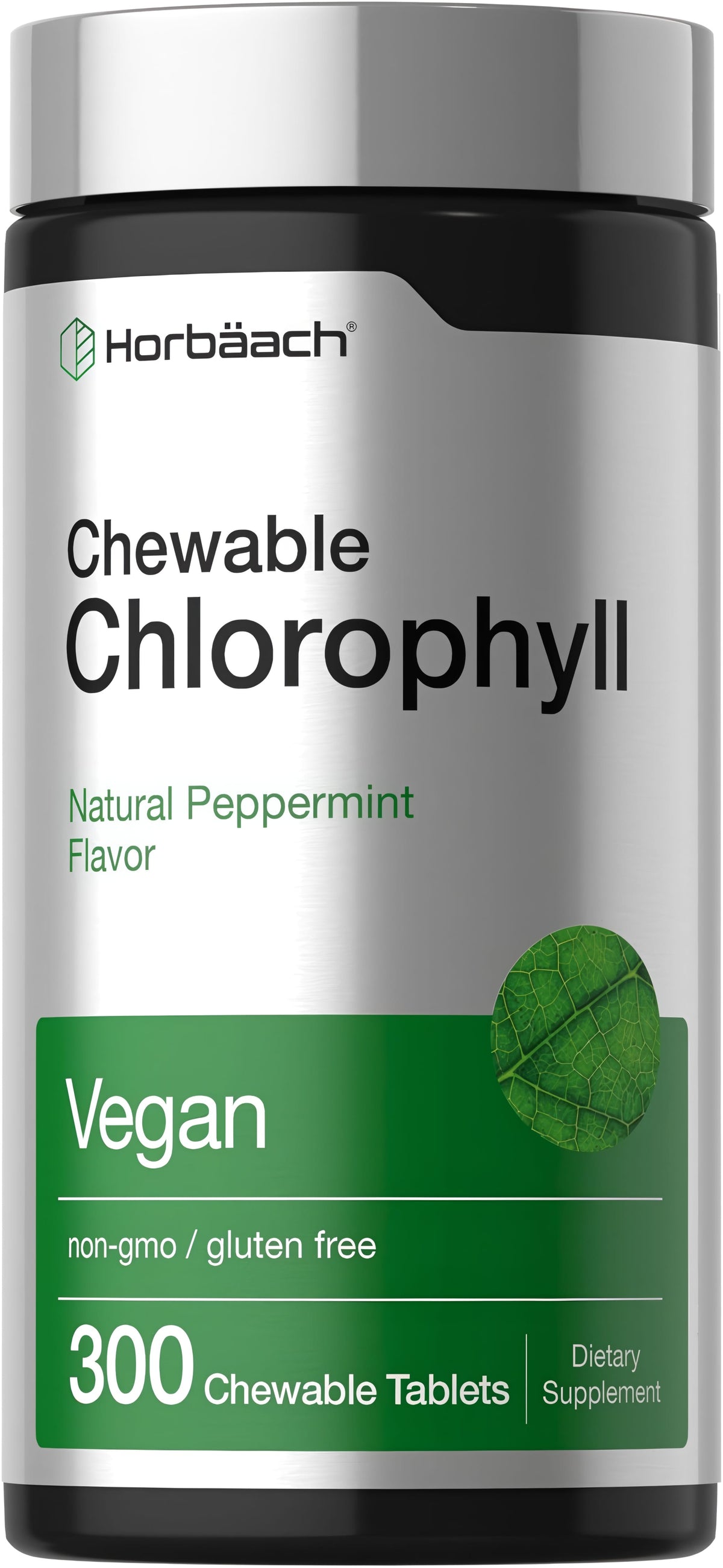 Chewable Chlorophyll tablets with natural peppermint flavor, vegan, non-GMO, gluten-free, 300 count dietary supplement.
