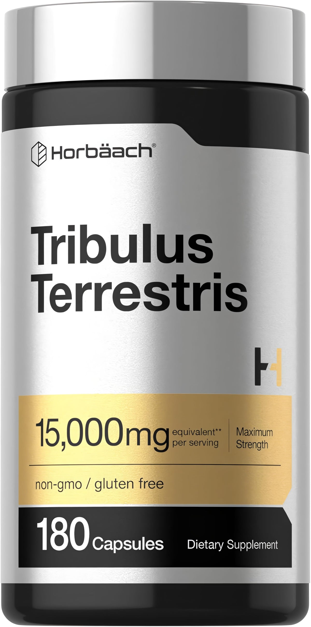 Tribulus Terrestris 15,000mg max strength, 180 capsules, non-GMO, gluten-free dietary supplement.