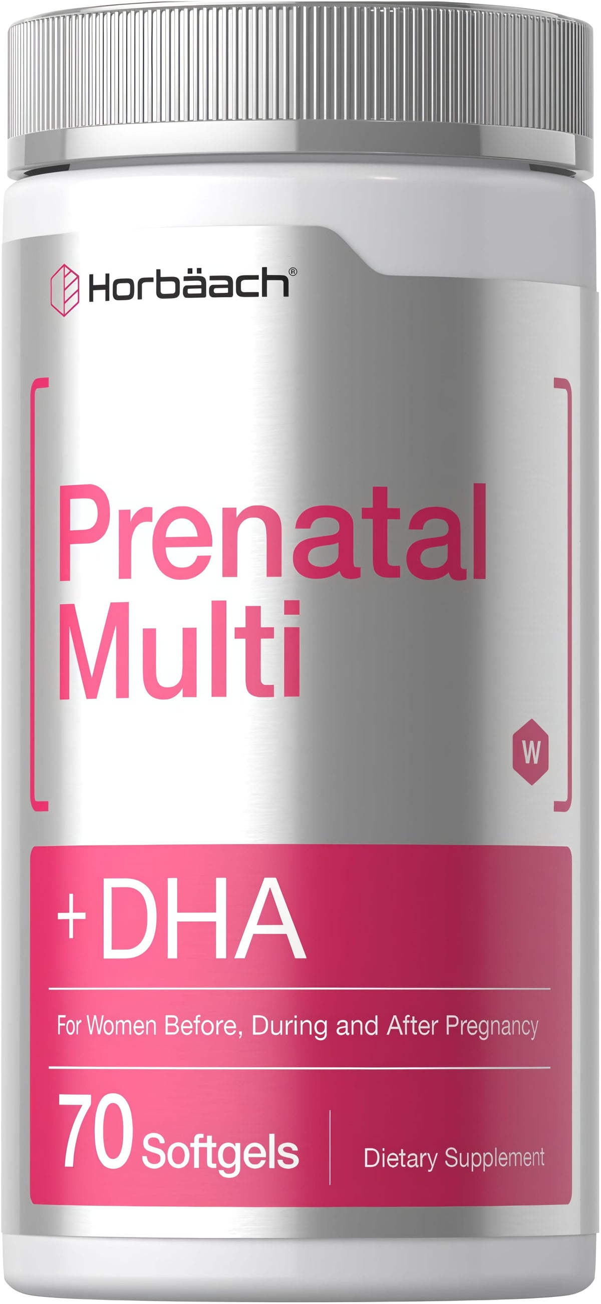 Horbäach Prenatal Multi + DHA, 70 softgels for women before, during, and after pregnancy, dietary supplement.