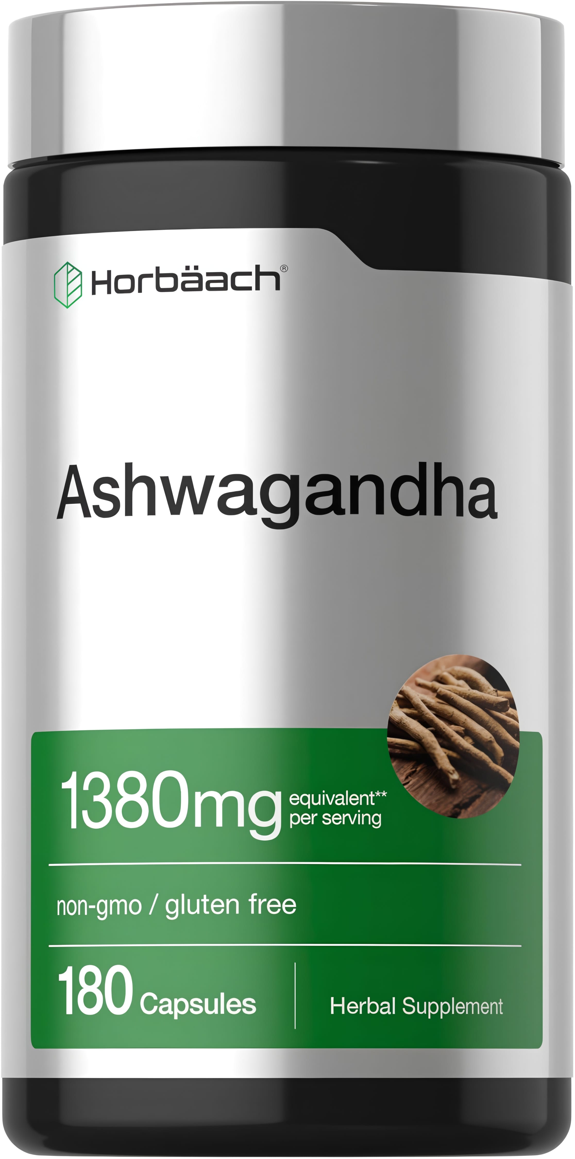 Horbäach Ashwagandha 1380 mg per serving, 180 capsules, herbal supplement bottle image.