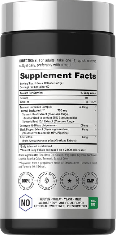 View 2 Supplement Facts panel showing details for Astaxanthi, CoQ10, and Turmeri 60 Softgels.