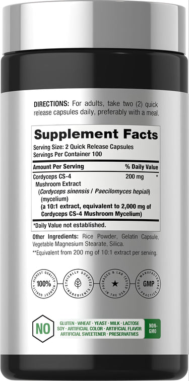 View 2 Cordyceps Sinensis supplement with 2000 mg in 200 quick-release capsules for health support.