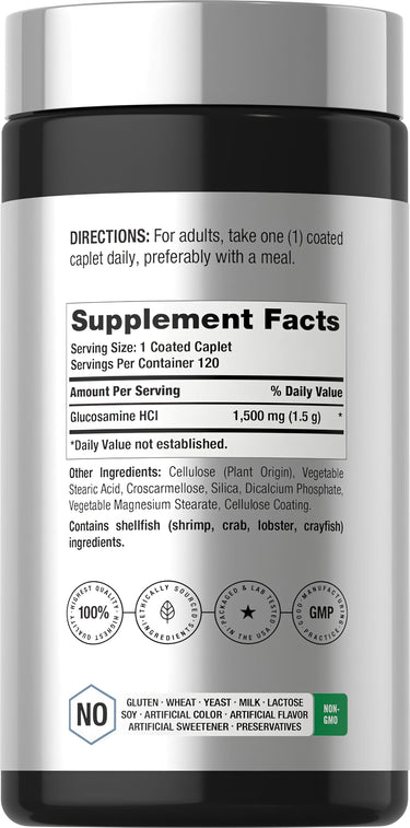 View 2 Horbaach Glucosamine HCL 1500 mg, 120 caplets. Contains shellfish. No gluten, wheat, soy, milk, lactose, artificial ingredients, GMO.