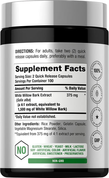 View 2 Image showing the Supplement Facts panel for White Willow Bark 1500mg, 200 capsules.