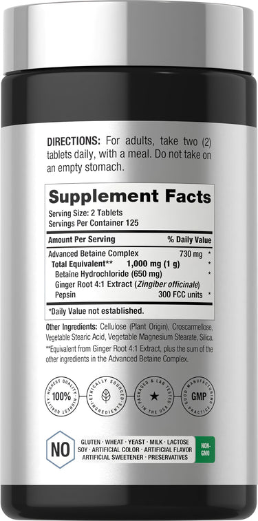 View 2 Supplement Facts for Horbaach Betaine HCl with Pepsin.