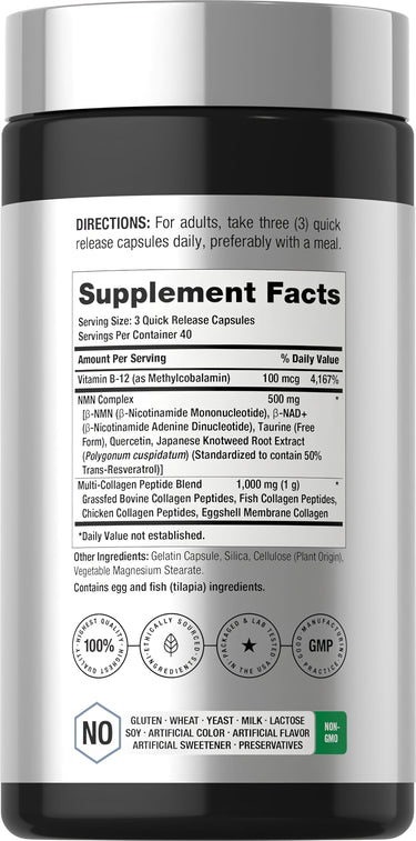 View 2 Image of Supplement Facts panel for NMN Resveratrol Collagen 120 Capsules.