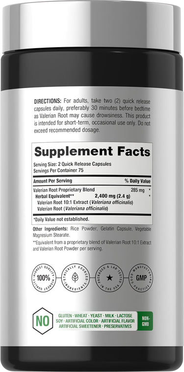 View 2 Valerian bottle with icons indicating Gluten Free, Wheat Free, Yeast Free, Dairy Free, Soy Free, No Artificial Additives, Non-GMO.